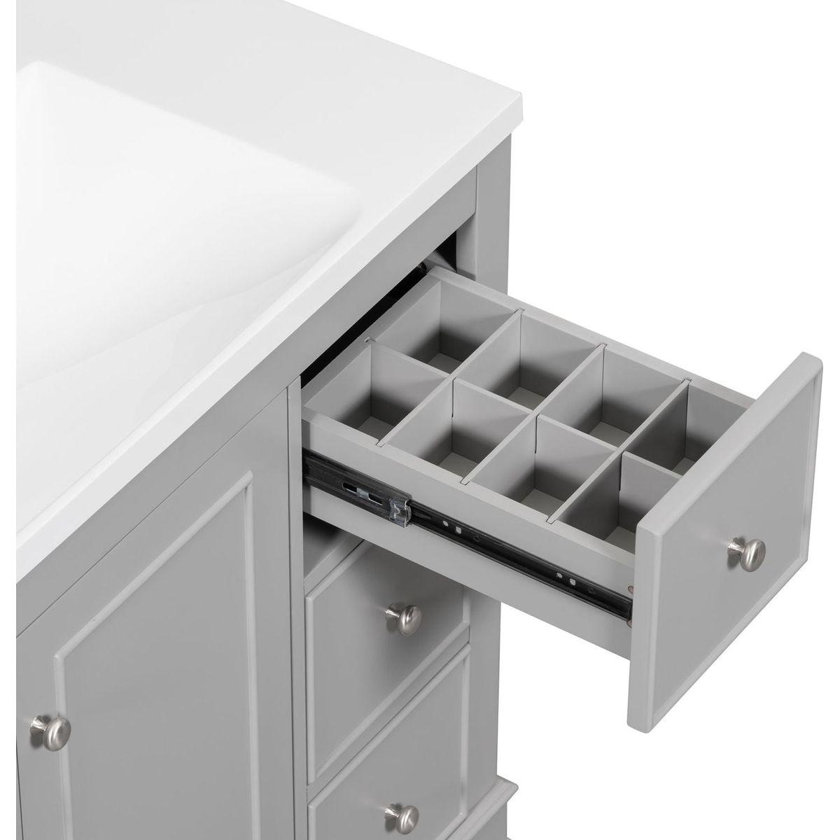 Contemporary Gray Bathroom Vanity Cabinet - 36x18x34 inches, 4 Drawers & 1 Cabinet Door, Multipurpose Storage, Resin Integrated Sink, Adjustable Shelves, Solid Wood Frame with MDF