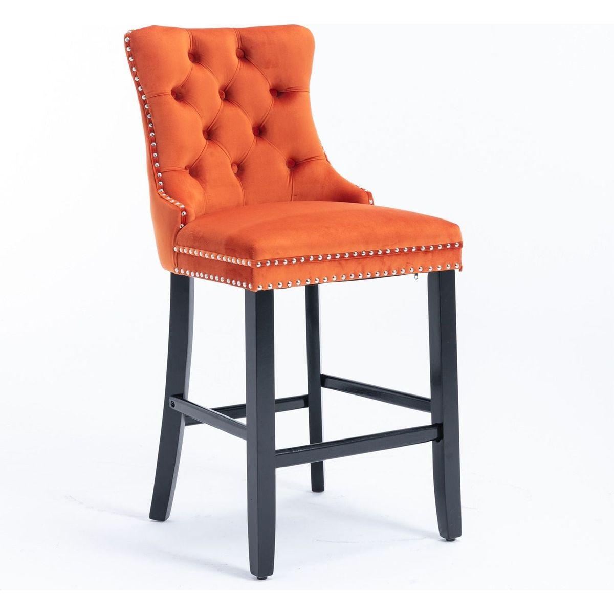 Contemporary Velvet Upholstered Barstools with Button Tufted Decoration and Wooden Legs, and Chrome Nailhead Trim, Leisure Style Bar Chairs,Bar stools, Set of 2 (Orange)