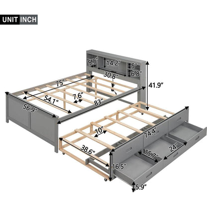 Full Size Platform Bed with Storage Headboard, USB, Twin Size Trundle and 3 Drawers, Gray
