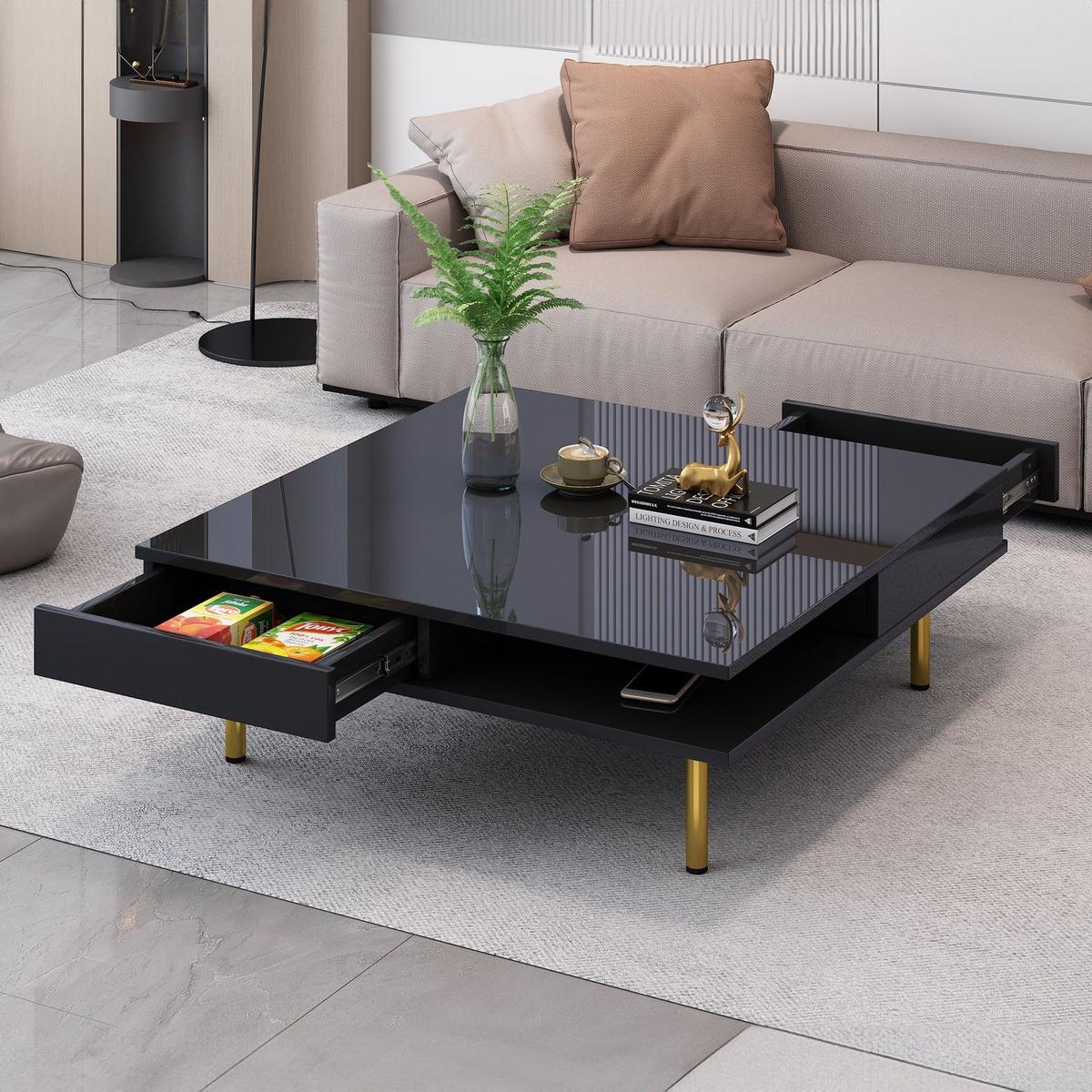 Exquisite High Gloss Coffee Table with 4 Golden Legs and 2 Small Drawers, 2-Tier Square Center Table for Living Room, Black