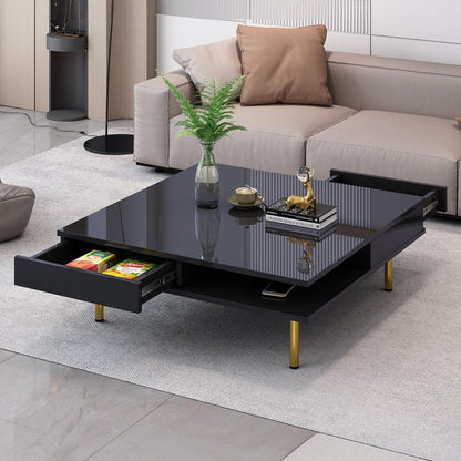 Exquisite High Gloss Coffee Table with 4 Golden Legs and 2 Small Drawers, 2-Tier Square Center Table for Living Room, Black