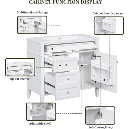 36" Bathroom Vanity with Top Sink, Modern Bathroom Storage Cabinet with 2 Drawers and a Tip-out Drawer, Single Sink Bathroom Vanity