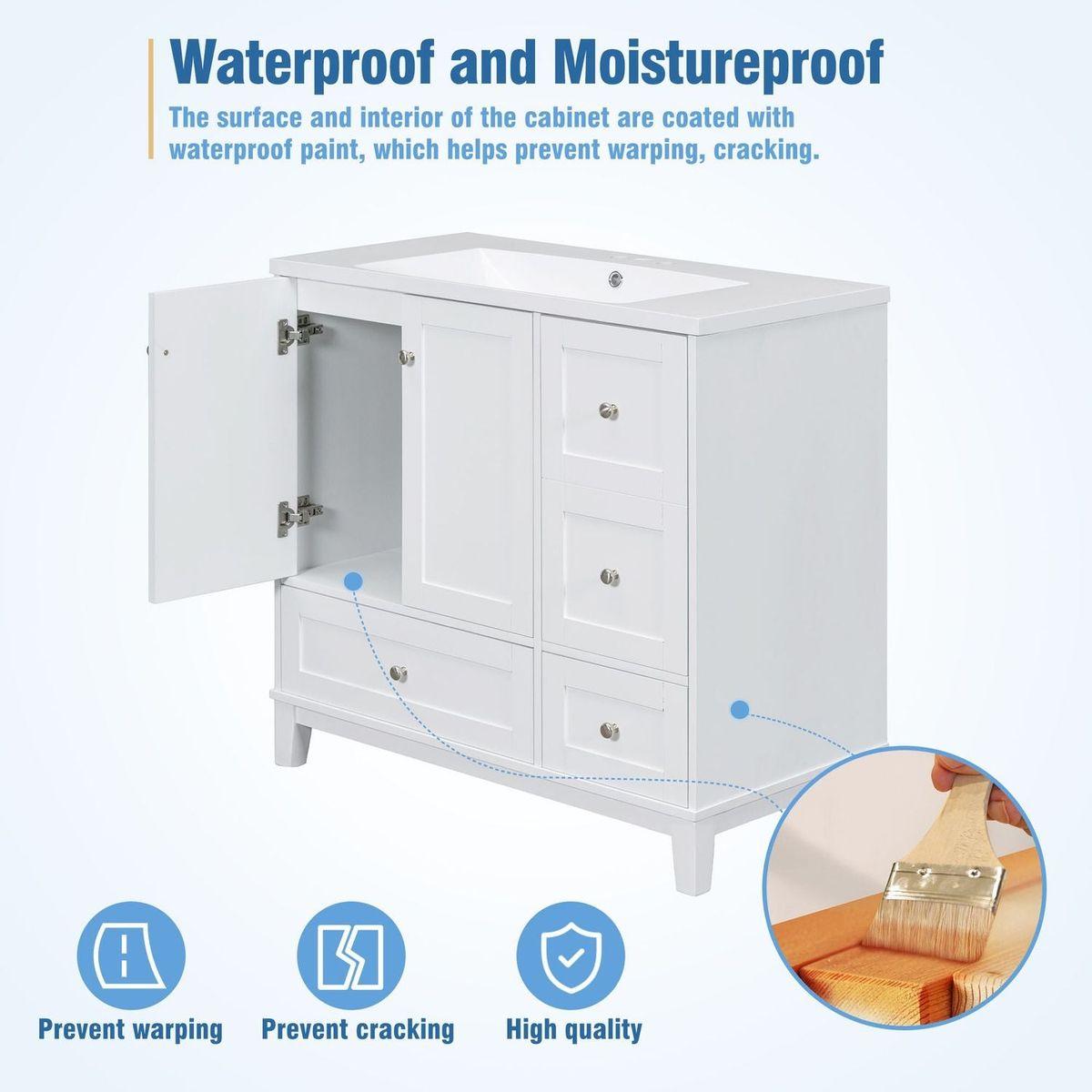 36 Inch Modern Bathroom Vanity with USB Charging, Two Doors and Three Drawers Bathroom Storage Vanity Cabinet, Small Bathroom Vanity cabinet with single sink, White & Gray Blue - Faucets Not Included