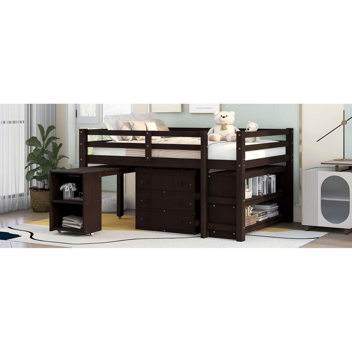 Low Study Full Loft Bed with Cabinet, Shelves and Rolling Portable Desk, Multiple Functions Bed- Espresso