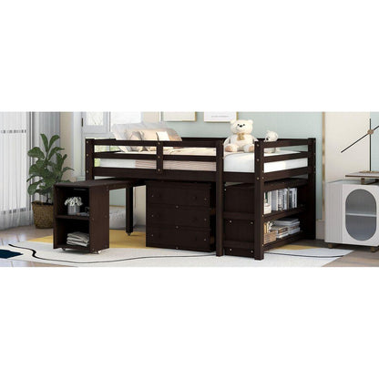 Low Study Full Loft Bed with Cabinet, Shelves and Rolling Portable Desk, Multiple Functions Bed- Espresso