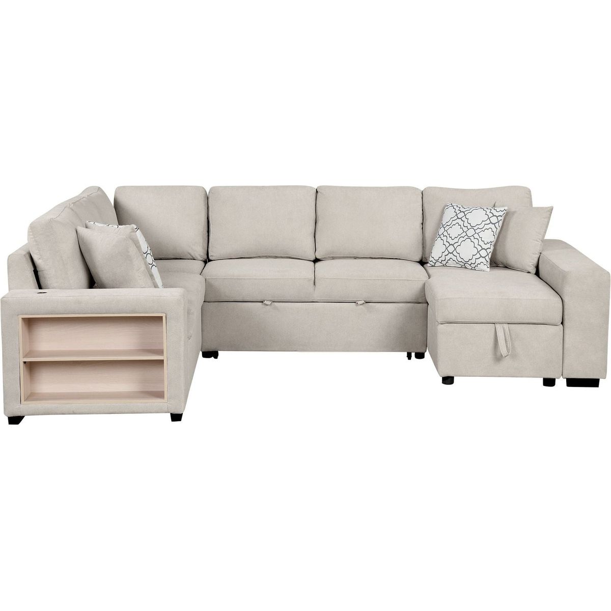 109" U-shaped Sectional Sofa Pull-out Sofa Bed with Two USB Ports, a Storage Chaise Lounge and Four Back Pillows for Living Room, Beige