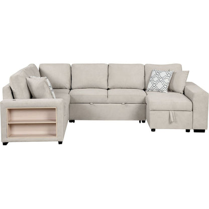 109" U-shaped Sectional Sofa Pull-out Sofa Bed with Two USB Ports, a Storage Chaise Lounge and Four Back Pillows for Living Room, Beige