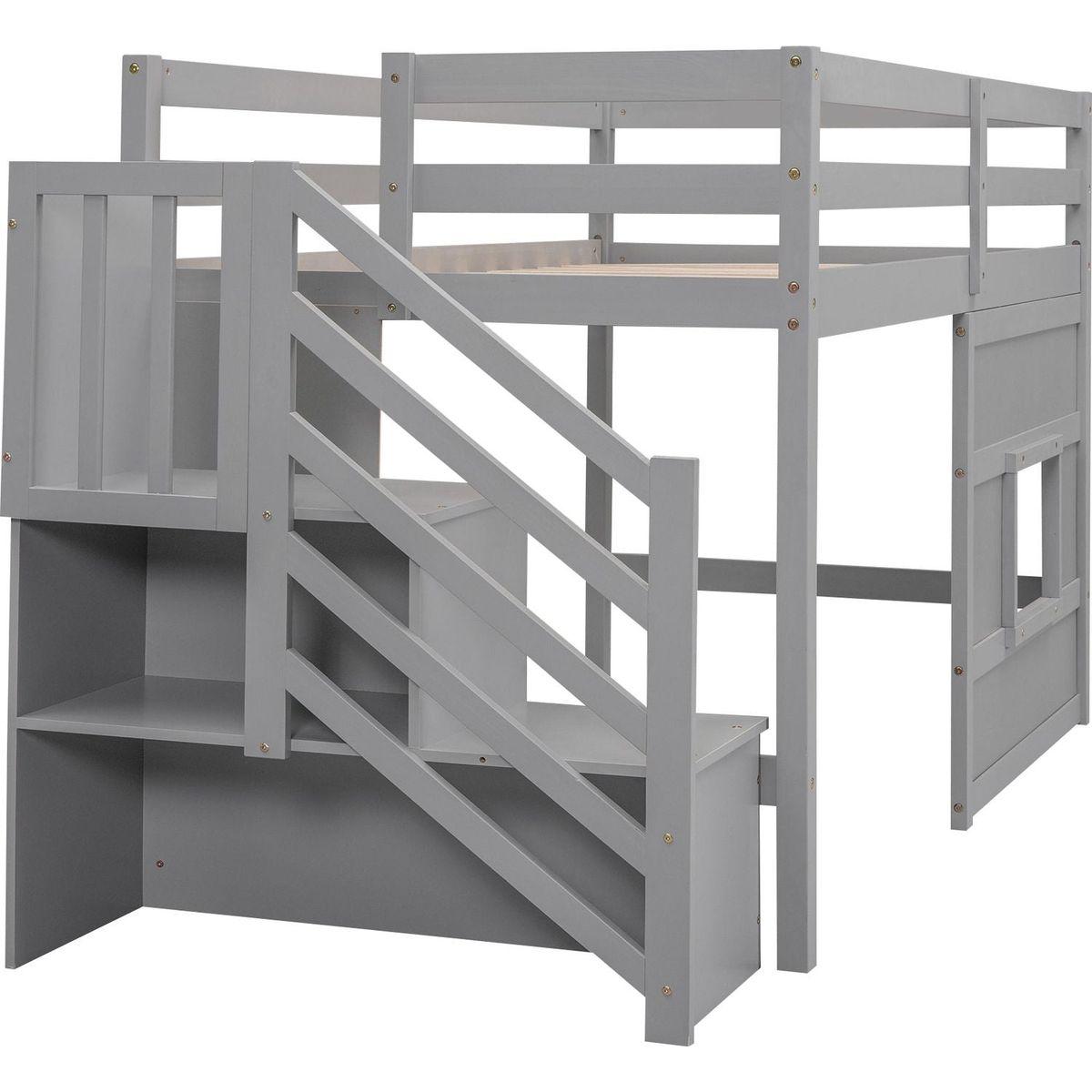 Twin Size Loft Bed with Storage Staircase and Window, Gray