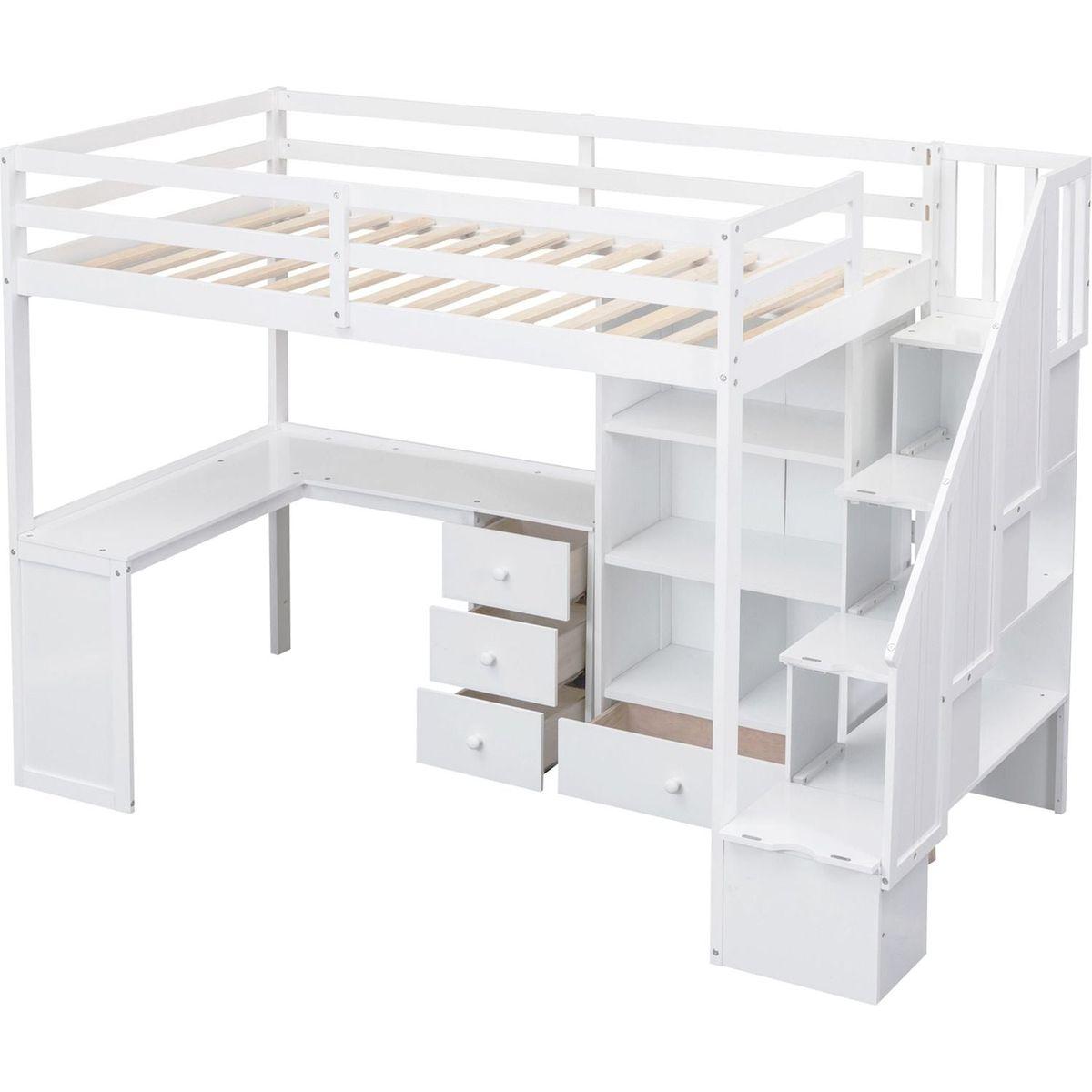 Twin Size Loft Bed with L-Shaped Desk and Drawers, Cabinet and Storage Staircase, White