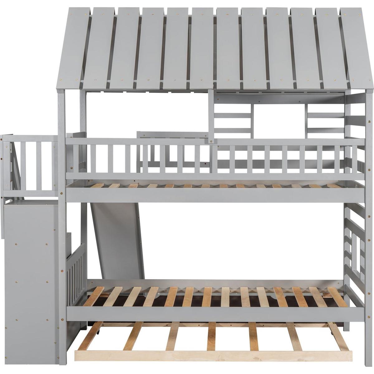 Twin over Twin House Bunk Bed with Trundle and Slide, Storage Staircase, Roof and Window Design, Gray