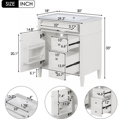 30" Bathroom Vanity with Top Sink, Modern Bathroom Storage Cabinet with 2 Drawers and a Tip-out Drawer, Single Sink Bathroom Vanity