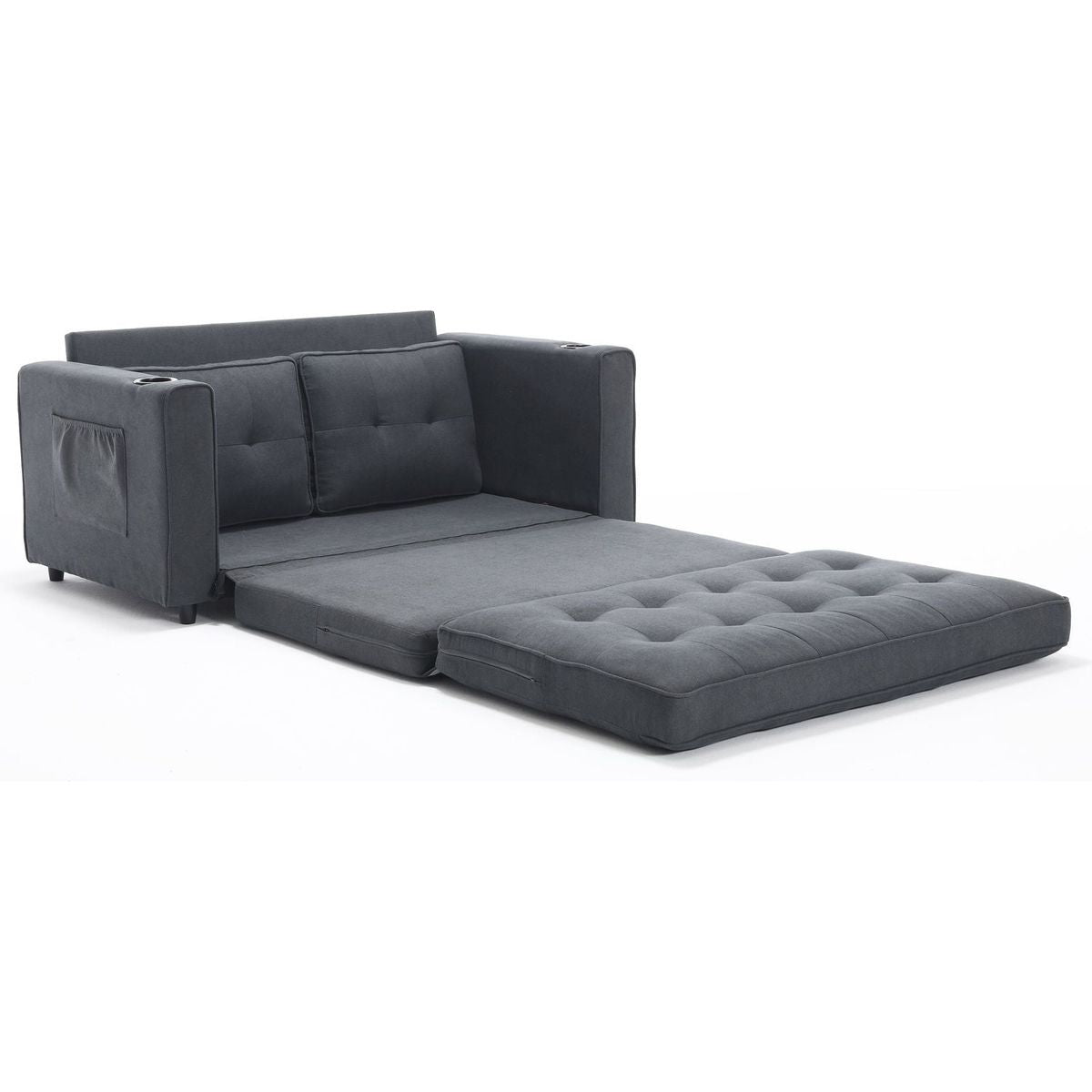 3-in-1 Upholstered Futon Sofa Convertible Sofa bed,Foldable Tufted Loveseat with Pull Out Sleeper Couch Bed,Folding Mattres Love Seat Daybed W/Side Pockets and Cup Holder, Dark Gray