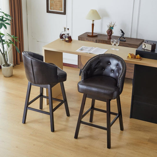 33.25" Swivel Counter Stools Set of 2, Upholstered Counter Height Bar Stools with Solid Rubber Wood Frame, Backrest, Footrest, Armless Barstools for Home Bar, Kitchen Counter, Dark Brown