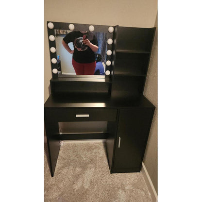 Vanity Desk with Mirror & Light, Large Drawer Three Level Storage Dresser, 3 Lighting Modes Adjustable Brightness, Bedroom Dressing Table (Black)