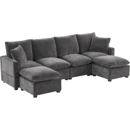 110x57" Modern U Shape Modular Sofa, 6 Seat Chenille Sectional Couch Set with 2 Pillows Included, Freely Combinable Indoor Funiture for Living Room, Apartment, Office, 2 Colors