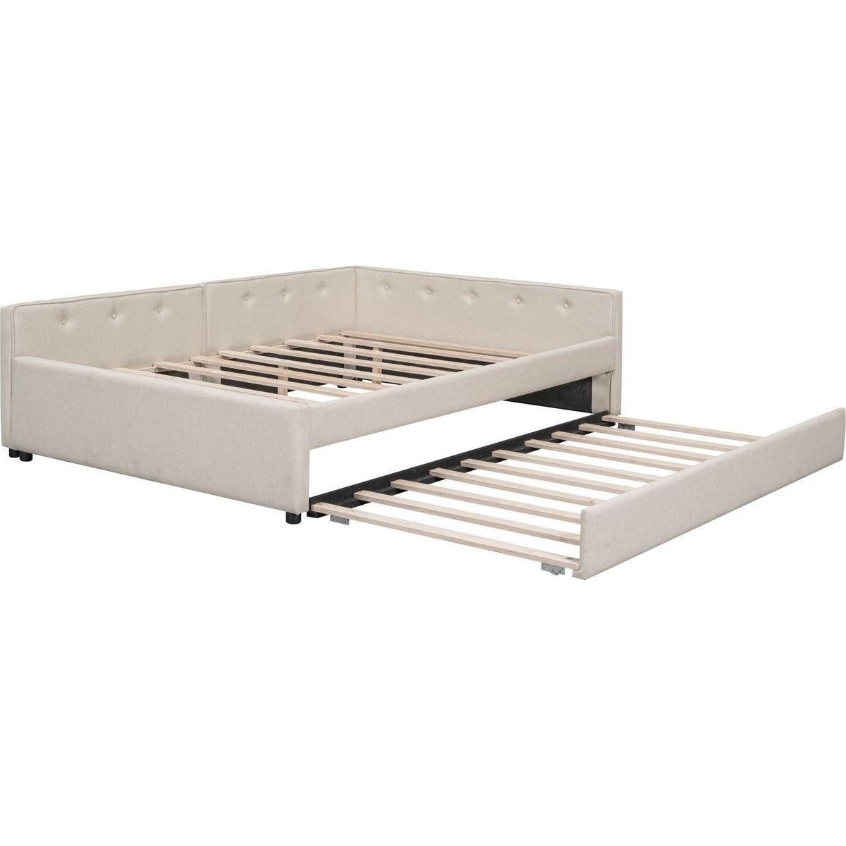 Full Size Upholstered Platform Bed with USB and Twin Size Trundle, Beige