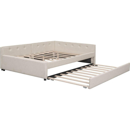 Full Size Upholstered Platform Bed with USB and Twin Size Trundle, Beige