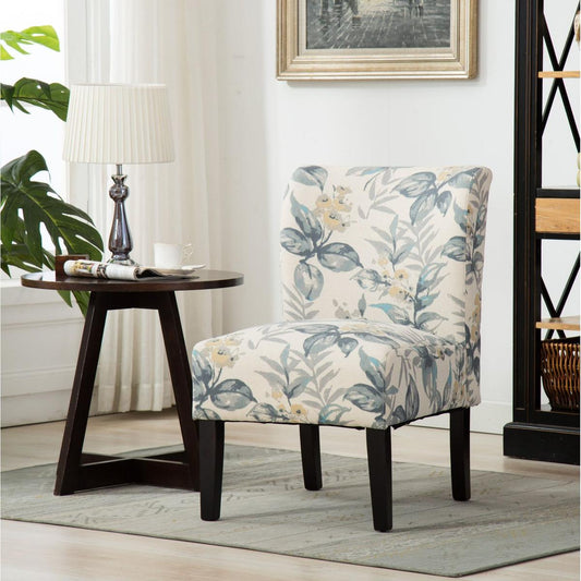 Capa Print Fabric Armless Contemporary Accent Chair, Blue Leaves