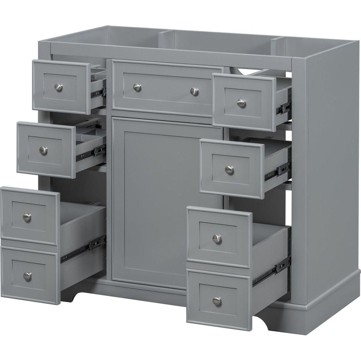 36" Bathroom Vanity without Sink, Cabinet Base Only, One Cabinet and Six Drawers, Grey