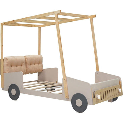 Wood Twin Size Car Bed with Pillow, Ceiling Cloth and LED, Natural