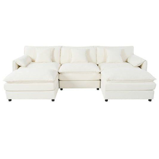 Modular Sectional Sofa, Oversized Deep Seat U Shaped Couch Set with Movable Ottomans, Chenille, Beige