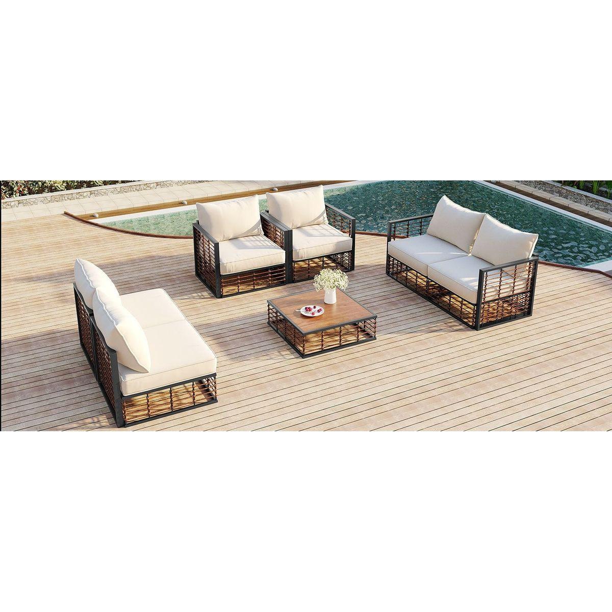 Modern Minimalist 7-Piece Metal Patio Sectional Sofa Set, All-Weather Garden Conversational Furniture Set with Thick Cushions and Coffee Table for Indoor Outdoor, Gray