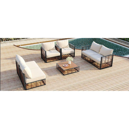 Modern Minimalist 7-Piece Metal Patio Sectional Sofa Set, All-Weather Garden Conversational Furniture Set with Thick Cushions and Coffee Table for Indoor Outdoor, Gray
