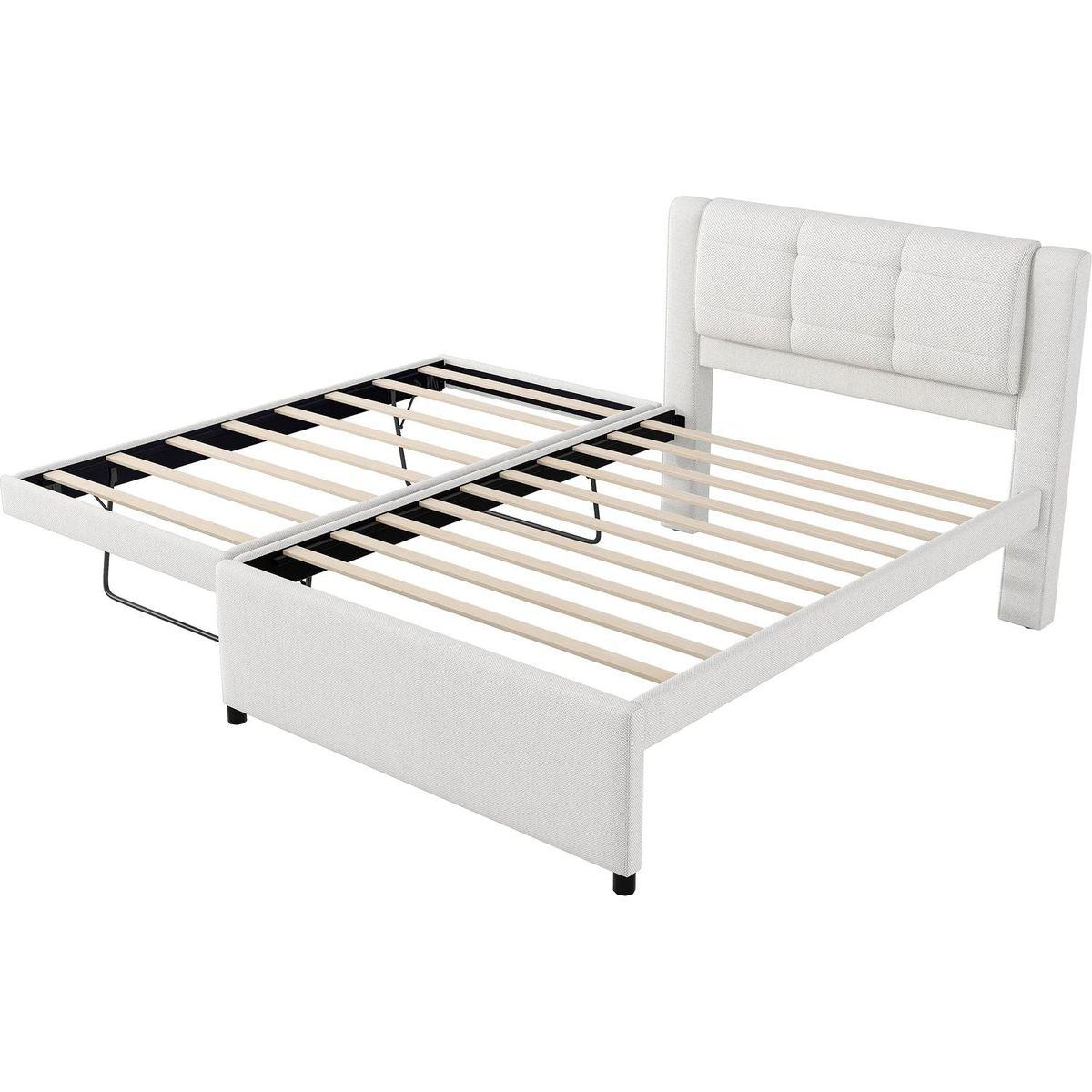 Full Size Upholstery platform bed with Trundle,Trundle can be flat or erected, Beige