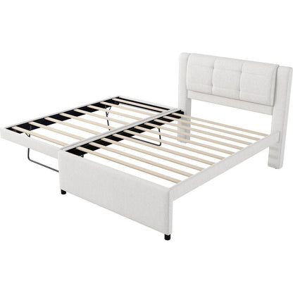 Full Size Upholstery platform bed with Trundle,Trundle can be flat or erected, Beige