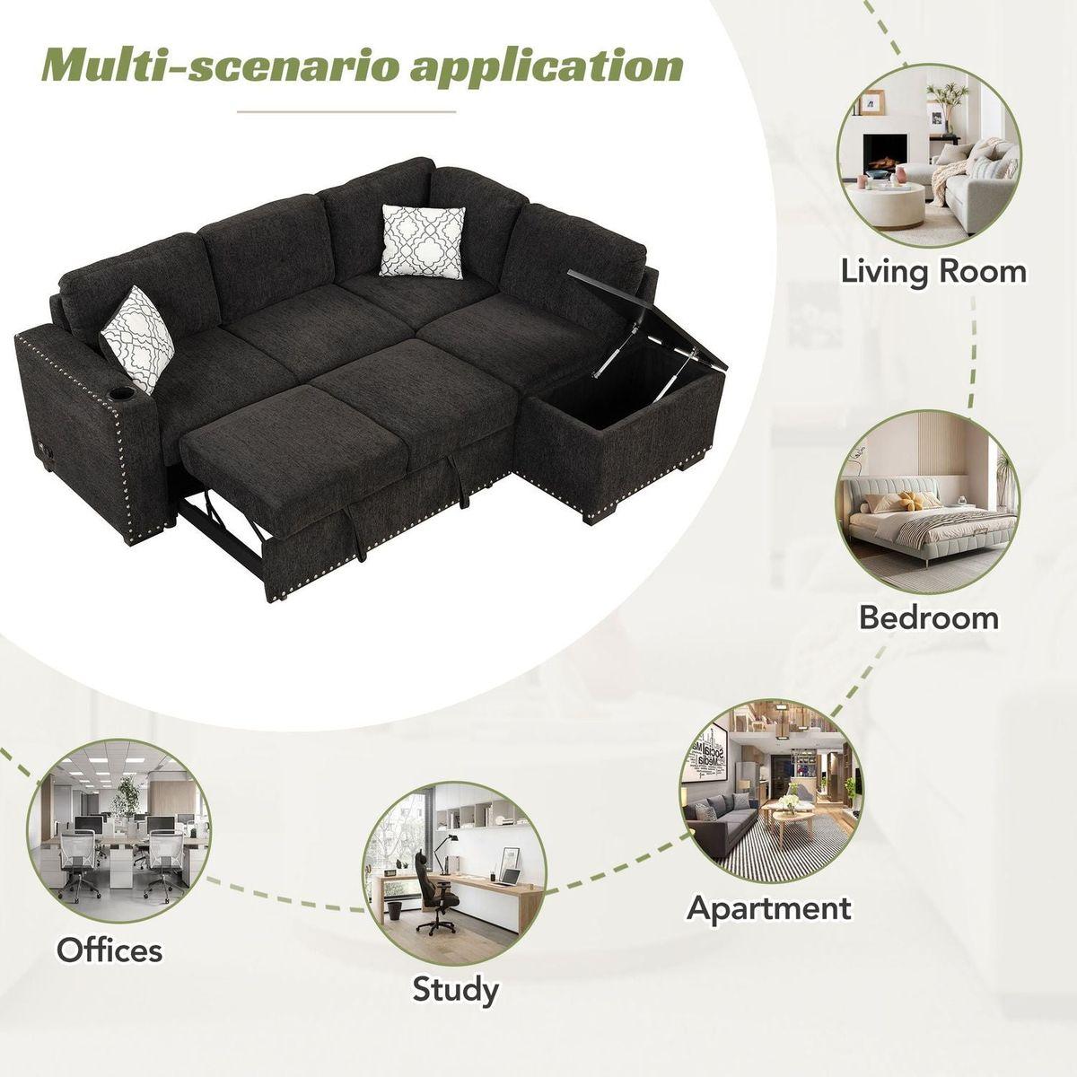 83.8" Reversible Sectional Pull-Out Sofa Bed L-Shaped Corner Sofa Couch with Storage Chaise, USB Ports, Power Sockets, Cup Holder for Living Room, Bedroom, Study, Black