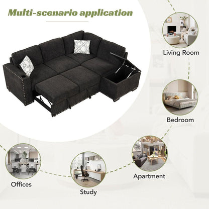 83.8" Reversible Sectional Pull-Out Sofa Bed L-Shaped Corner Sofa Couch with Storage Chaise, USB Ports, Power Sockets, Cup Holder for Living Room, Bedroom, Study, Black