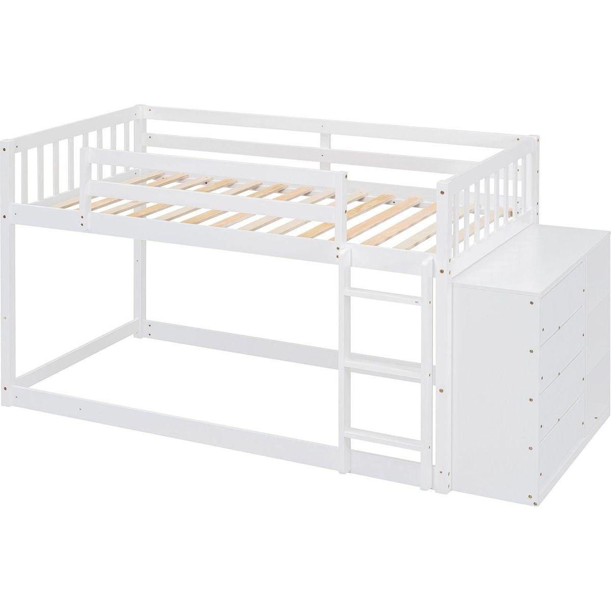 Twin over Twin Bunk Bed with 4 Drawers and 3 Shelves-White