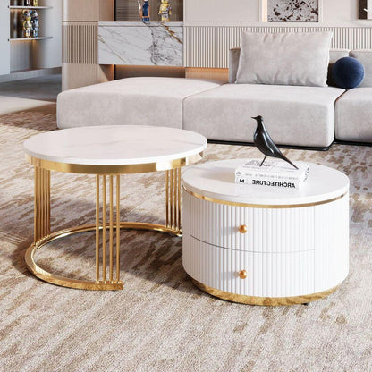 Modern 2 Pieces White Round Nesting Coffee Table with Drawers in 27.6"