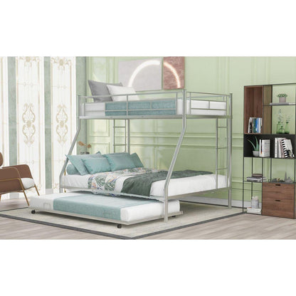 Twin over Full Bed with Sturdy Steel Frame, Bunk Bed with Twin Size Trundle, Two-Side Ladders, Silver