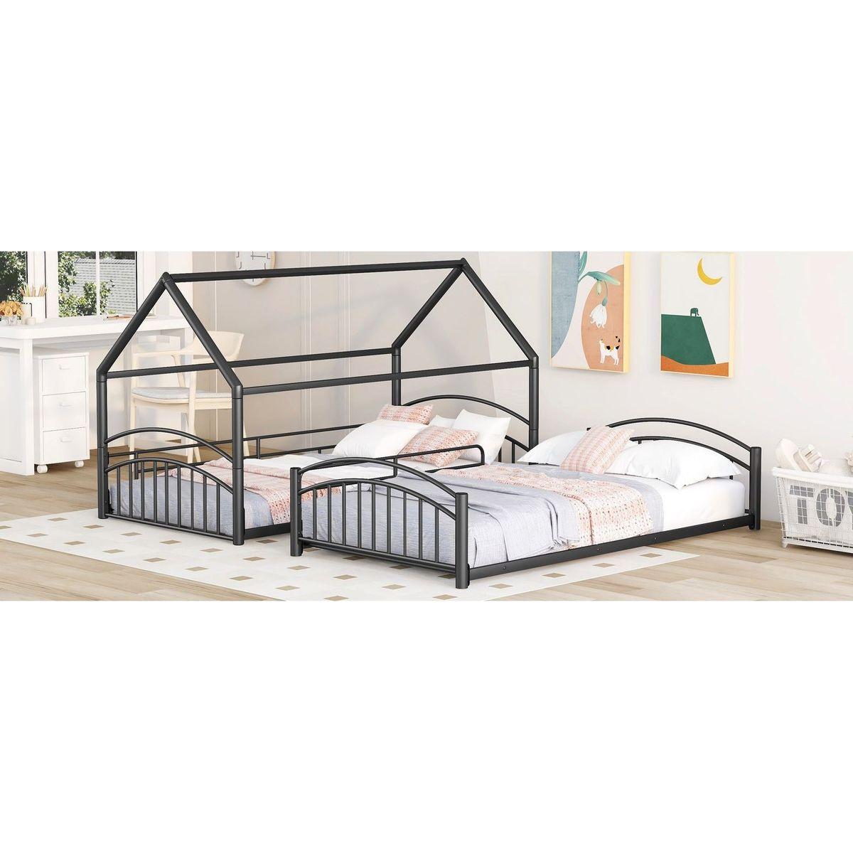 Twin Over Twin Metal Bunk Bed With Slide,Kids House Bed Black