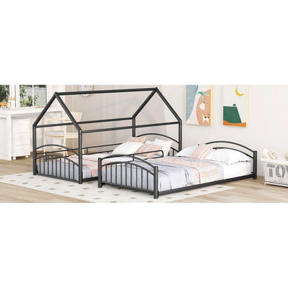 Twin Over Twin Metal Bunk Bed With Slide,Kids House Bed Black