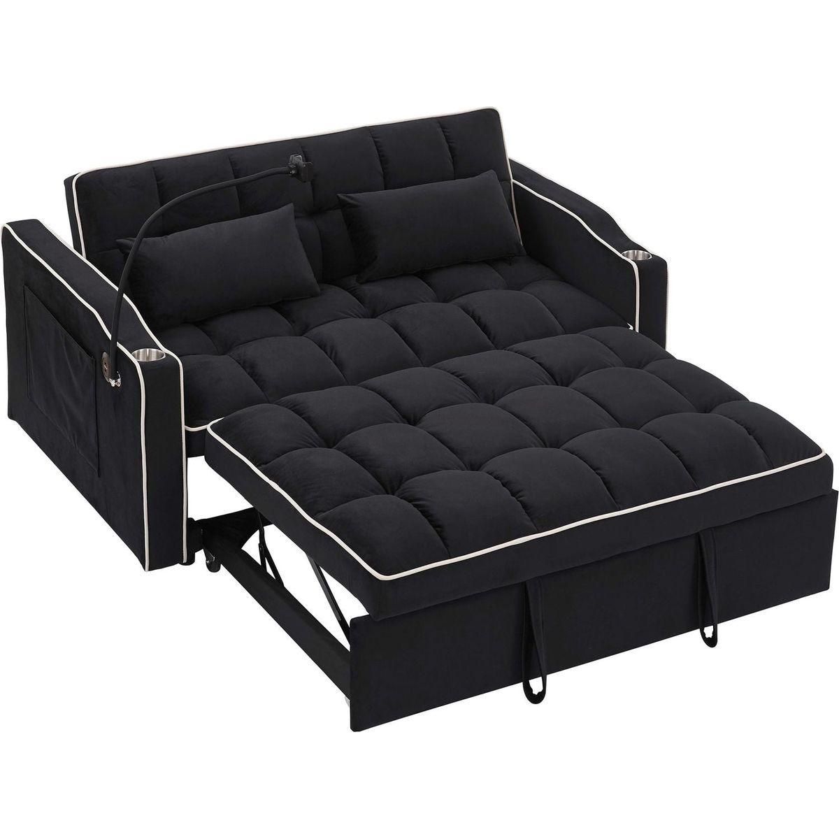 55.51 inch versatile foldable sofa bed in 3 lengths, modern sofa sofa sofa velvet pull-out bed, adjustable back and with USB port and ashtray and swivel phone stand (Black)