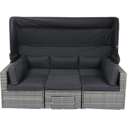 7-Piece Patio Furniture Set w/Retractable Canopy Wicker Rattan Sectional Sofa Set Patio Furniture with Washable Cushions for Lawn, Garden, Backyard, Poolside Grey wicker + Black Cushion