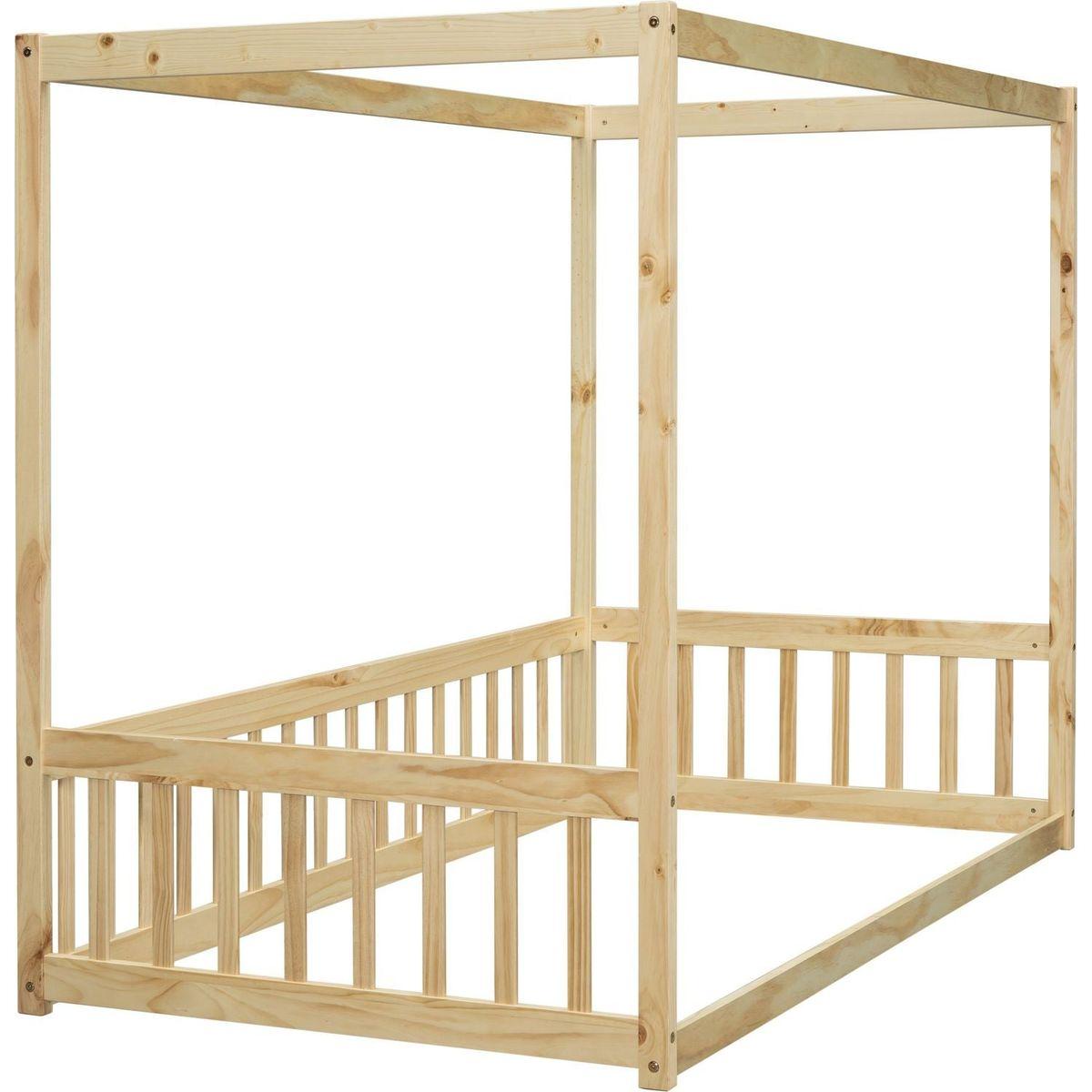 Twin Size Canopy Frame Floor Bed with Fence, Guardrails,Natural