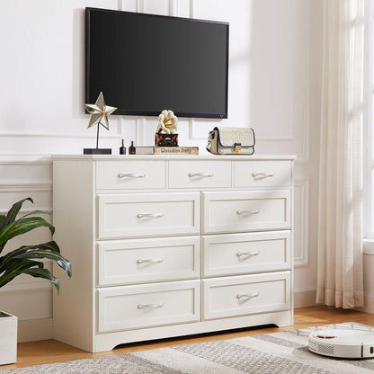 Bedroom dresser, 9 drawer long dresser with antique handles, wood chest of drawers for kids room, living room, entry and hallway, White, 47.56"W x 15.75"D x 34.45"H.