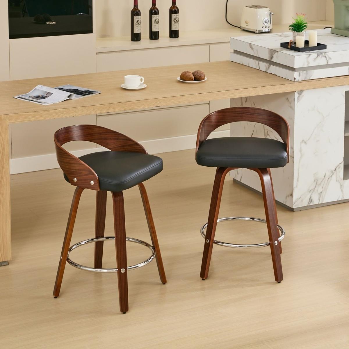 Bar Stools Set of 2, Swivel Bar Height Stools with Low Back, Wood Bar Chairs with Soft Cushion Seat, 25-Inch Seat Height (Black, 25" Counter Height) - Streamdale Furniture