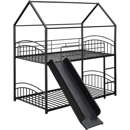 Twin Over Twin Metal Bunk Bed With Slide,Kids House Bed Black