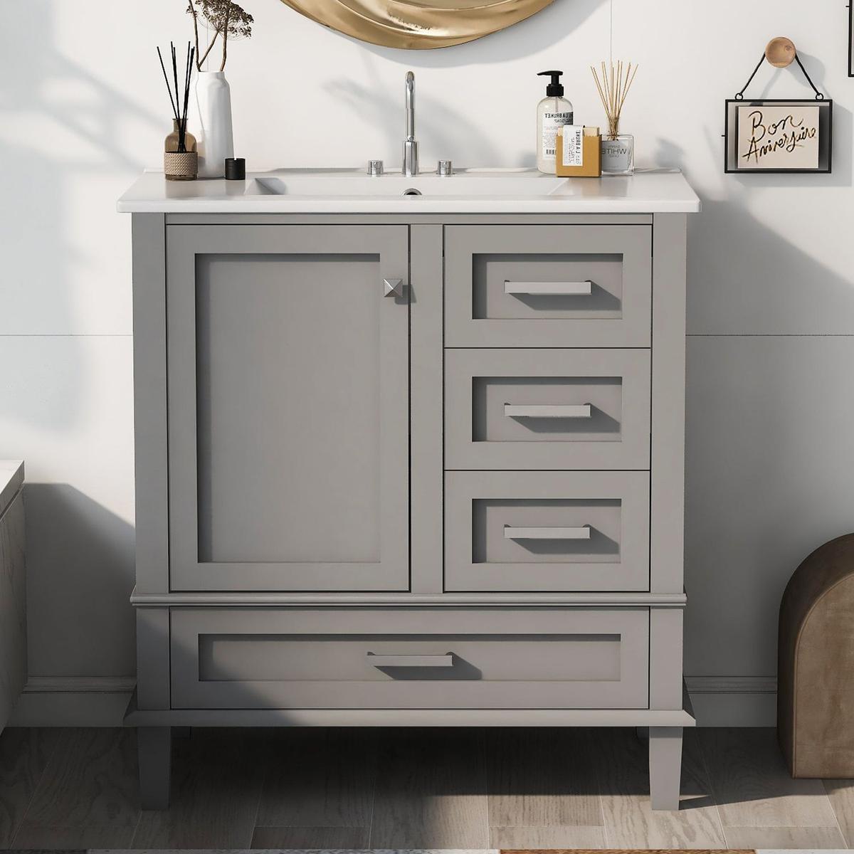 30" Bathroom Vanity, Modern Bathroom Cabinet with Sink Combo Set, Bathroom Storage Cabinet with a Soft Closing Door and 3 Drawers, Solid Wood Frame(Grey)