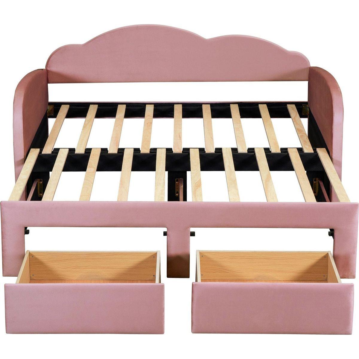 Twin Size Upholstered daybed with Cloud-Shaped Backrest, Trundle & 2 Drawers and USB Ports, Pink