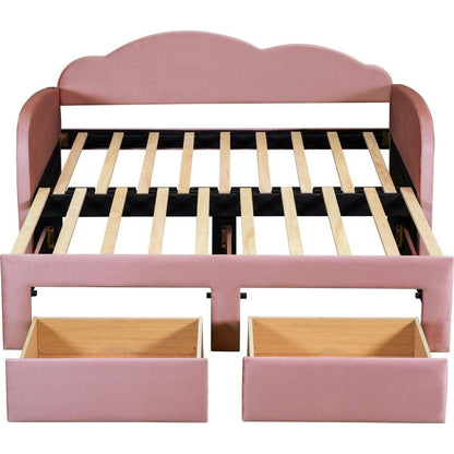 Twin Size Upholstered daybed with Cloud-Shaped Backrest, Trundle & 2 Drawers and USB Ports, Pink