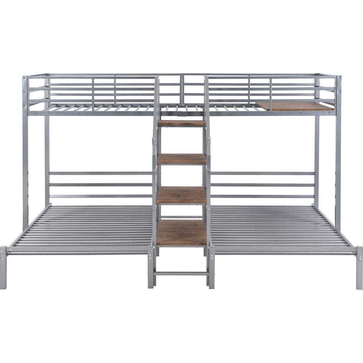 Metal Twin over Twin & Twin Bunk Bed, Triple Bunk Bed with Storage Shelves Staircase, Silver
