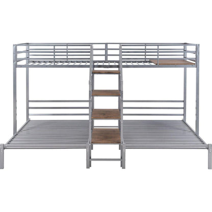 Metal Twin over Twin & Twin Bunk Bed, Triple Bunk Bed with Storage Shelves Staircase, Silver