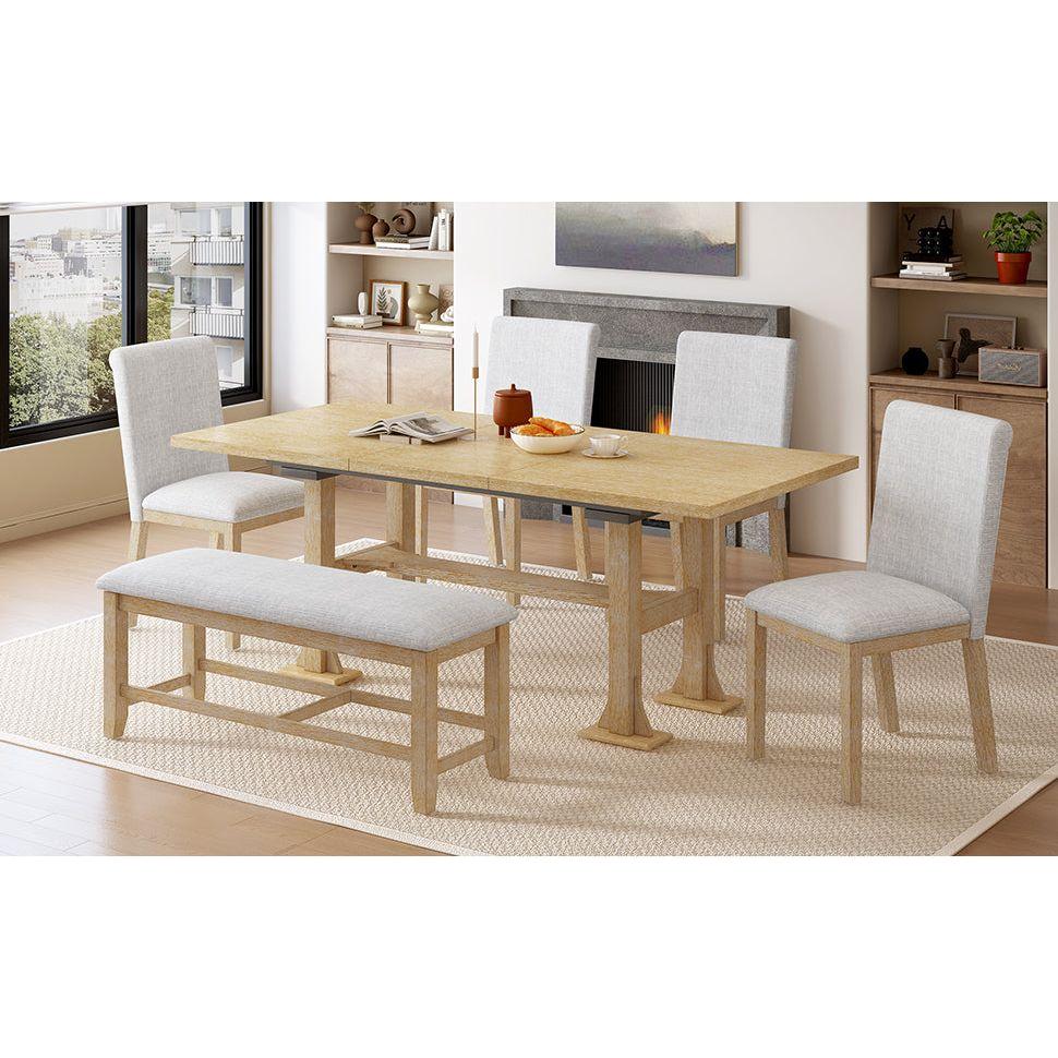 Farmhouse 76inch 6-Piece Extendable Dining Table Set Trestle Kitchen Table Set with 18inch Removable Leaf and Upholstered Dining Chair and Bench for Dining Room, Natural