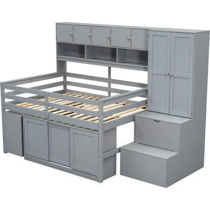 Full Size Wooden Loft Bed Big Storage with Under-bed Desk, with Drawers, with Shelves, Gray