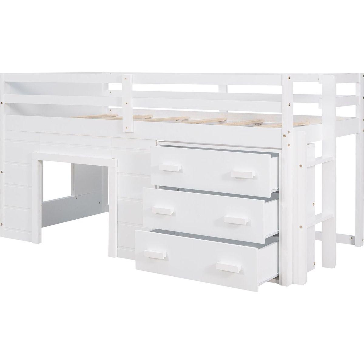 Twin Size Loft Bed with Cabinet and Shelf - White